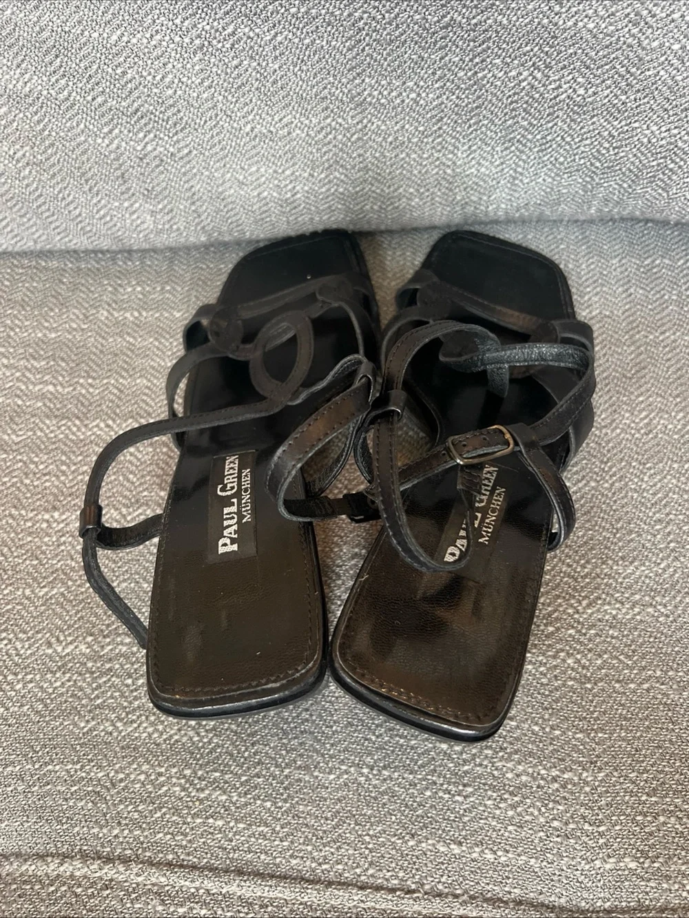 Paul Green Black Leather Strappy Square-Toe Heels European 5.5